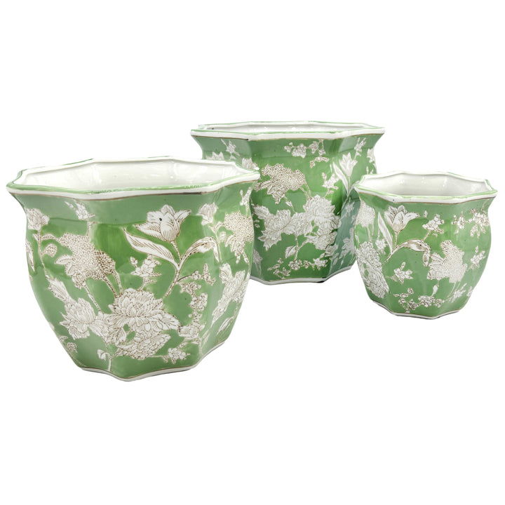 Set of 3 - 
4.5"/6"/8" Ceramic Chinoiserie Planter Pot Set