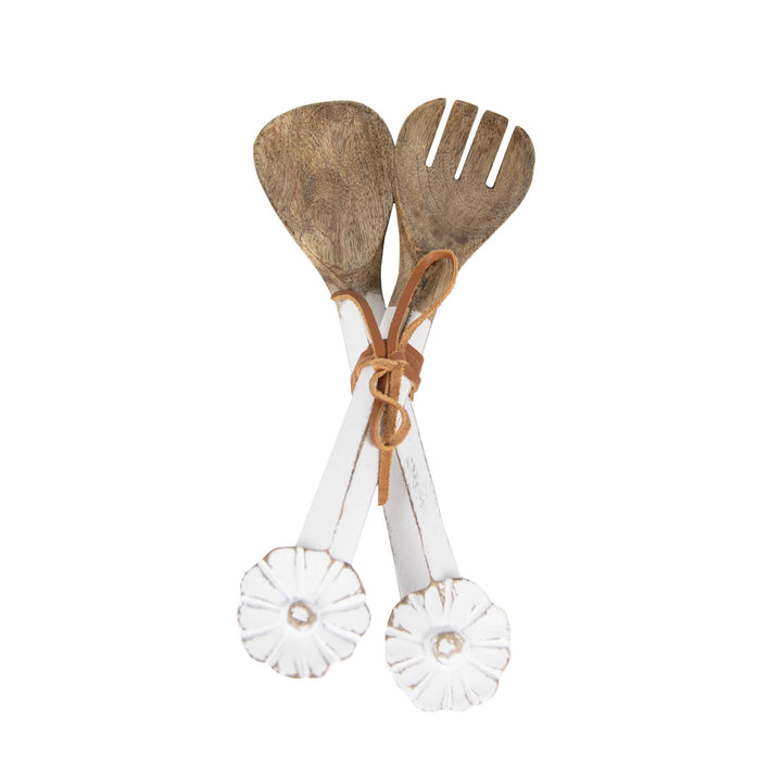 Charlotte Set of 2 White Wood Serving Utensils with Flower