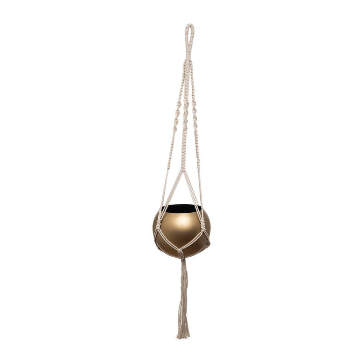 Macrame Hanging Gold Finish Round Boho Metal Planter Pot