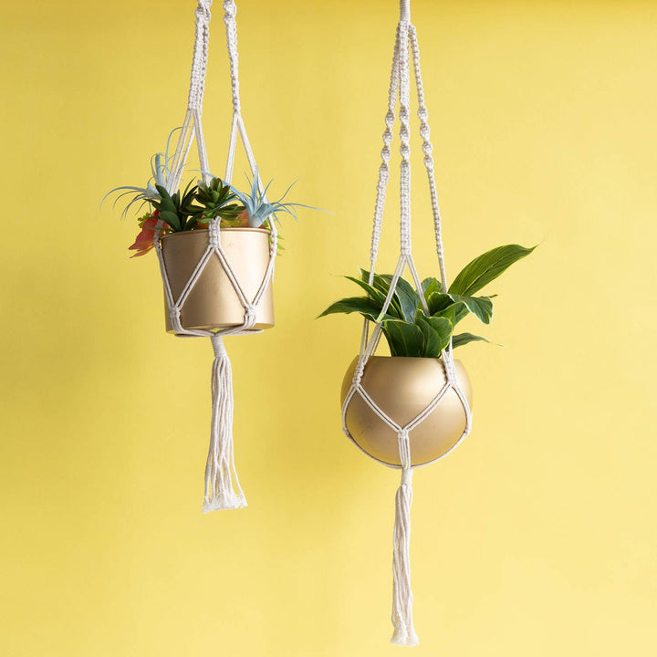 Macrame Hanging Gold Finish Round Boho Metal Planter Pot