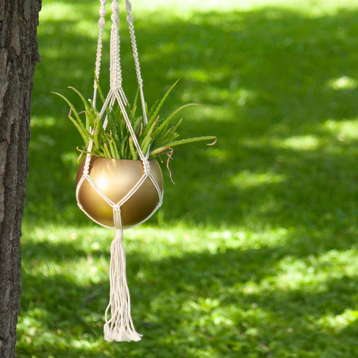 Macrame Hanging Gold Finish Round Boho Metal Planter Pot