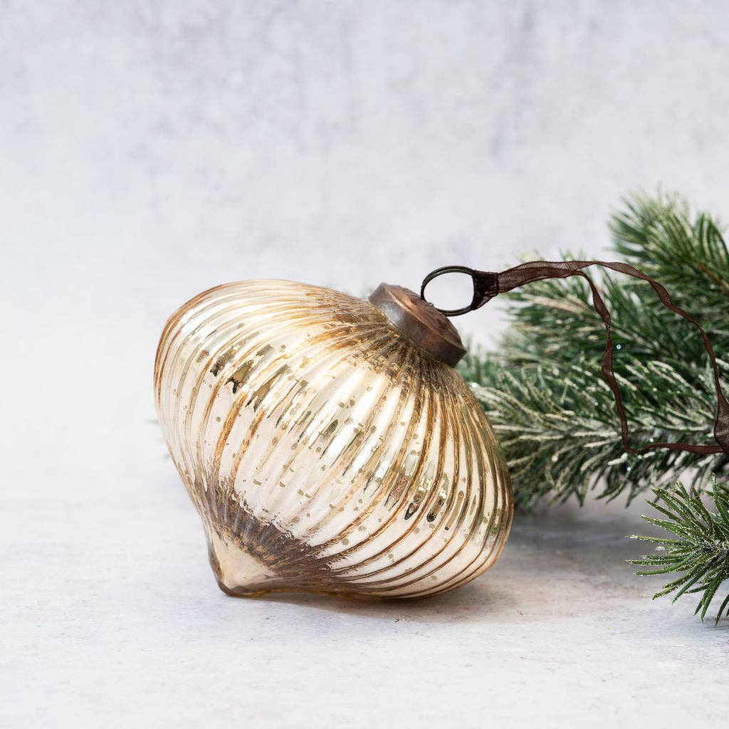 4" Gold Ribbed Lantern Glass Christmas Decoration
