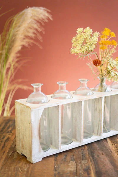 Five Glass Vases in Antique Wooden Crate