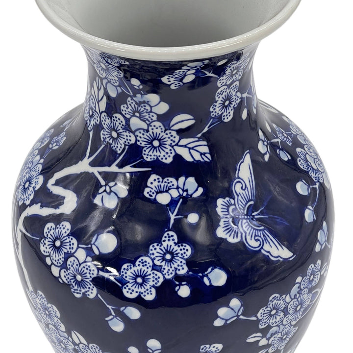 Dark Blue Chinoiserie Ceramic Vase 14"