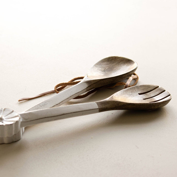 Charlotte Set of 2 White Wood Serving Utensils with Flower