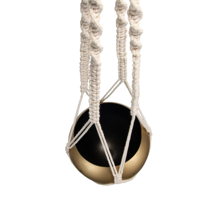 Macrame Hanging Gold Finish Round Boho Metal Planter Pot