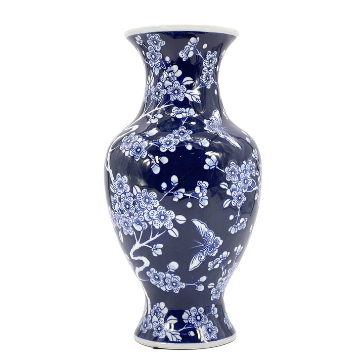 Dark Blue Chinoiserie Ceramic Vase 14"