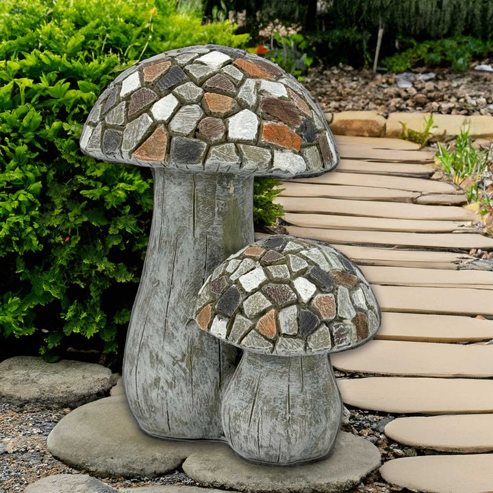 11" Mosaic Double Mushroom Garden Statue Resin (Tan & Grey)