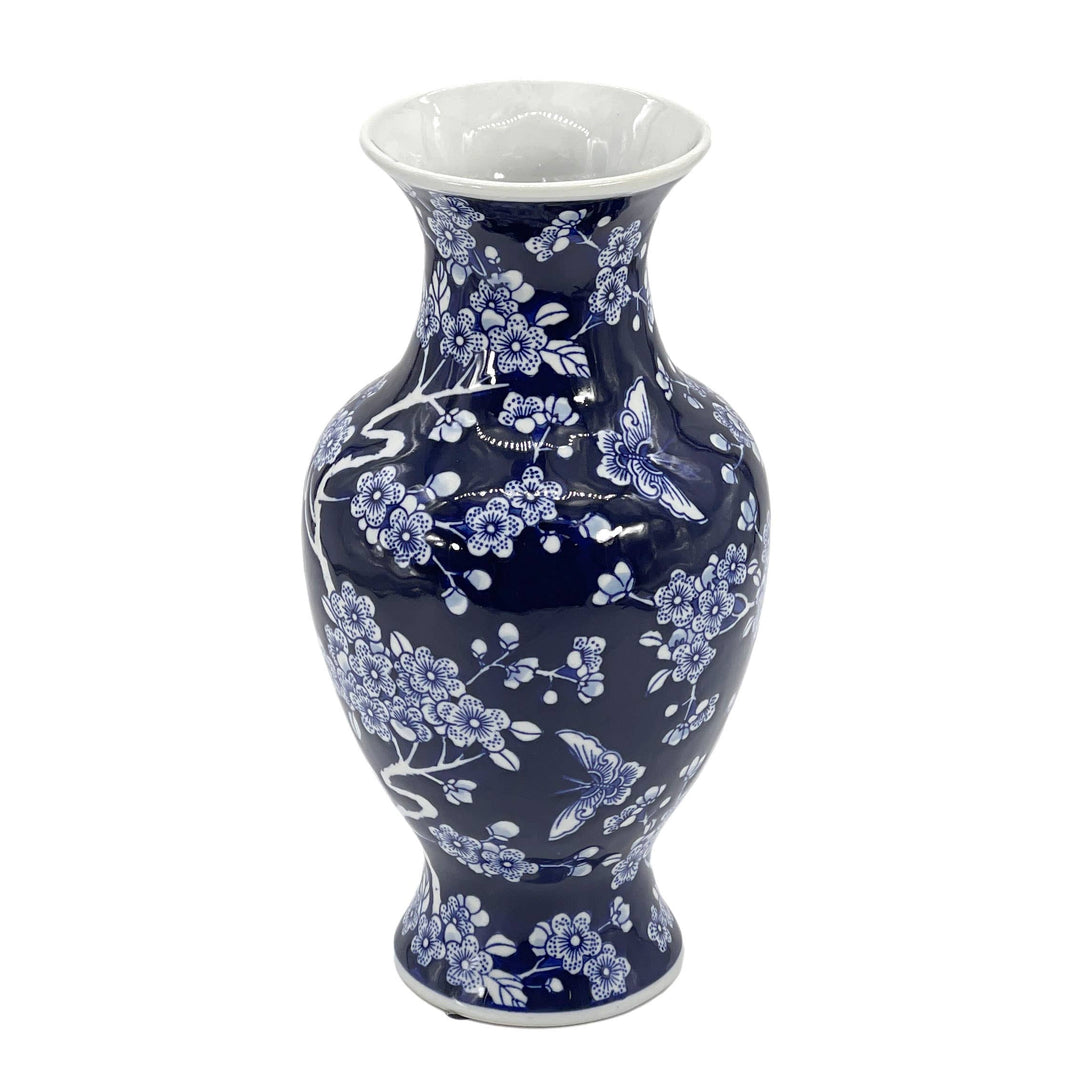 Dark Blue Chinoiserie Ceramic Vase 14"
