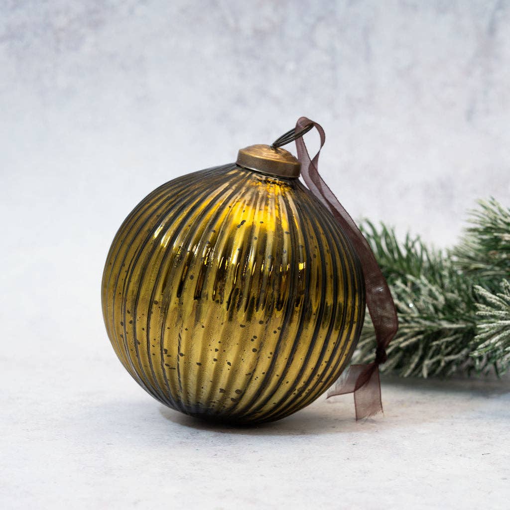 4" Olive Glass Ribbed Ball Decoration