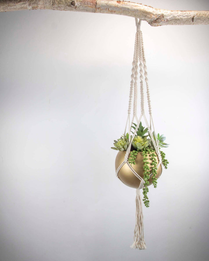 Macrame Hanging Gold Finish Round Boho Metal Planter Pot