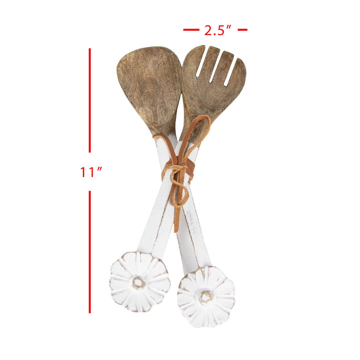Charlotte Set of 2 White Wood Serving Utensils with Flower