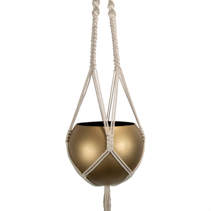 Macrame Hanging Gold Finish Round Boho Metal Planter Pot