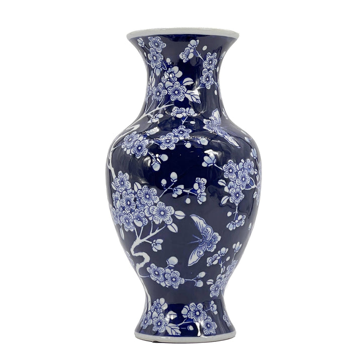 Dark Blue Chinoiserie Ceramic Vase 14"