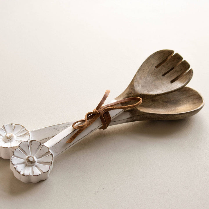 Charlotte Set of 2 White Wood Serving Utensils with Flower