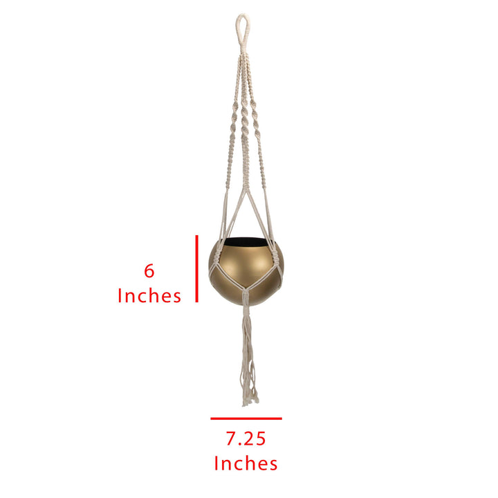 Macrame Hanging Gold Finish Round Boho Metal Planter Pot