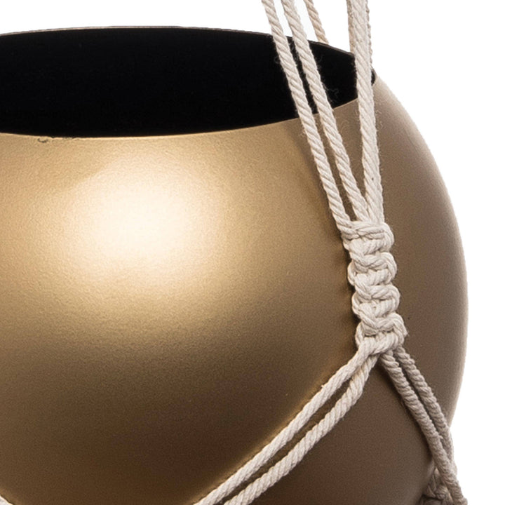 Macrame Hanging Gold Finish Round Boho Metal Planter Pot