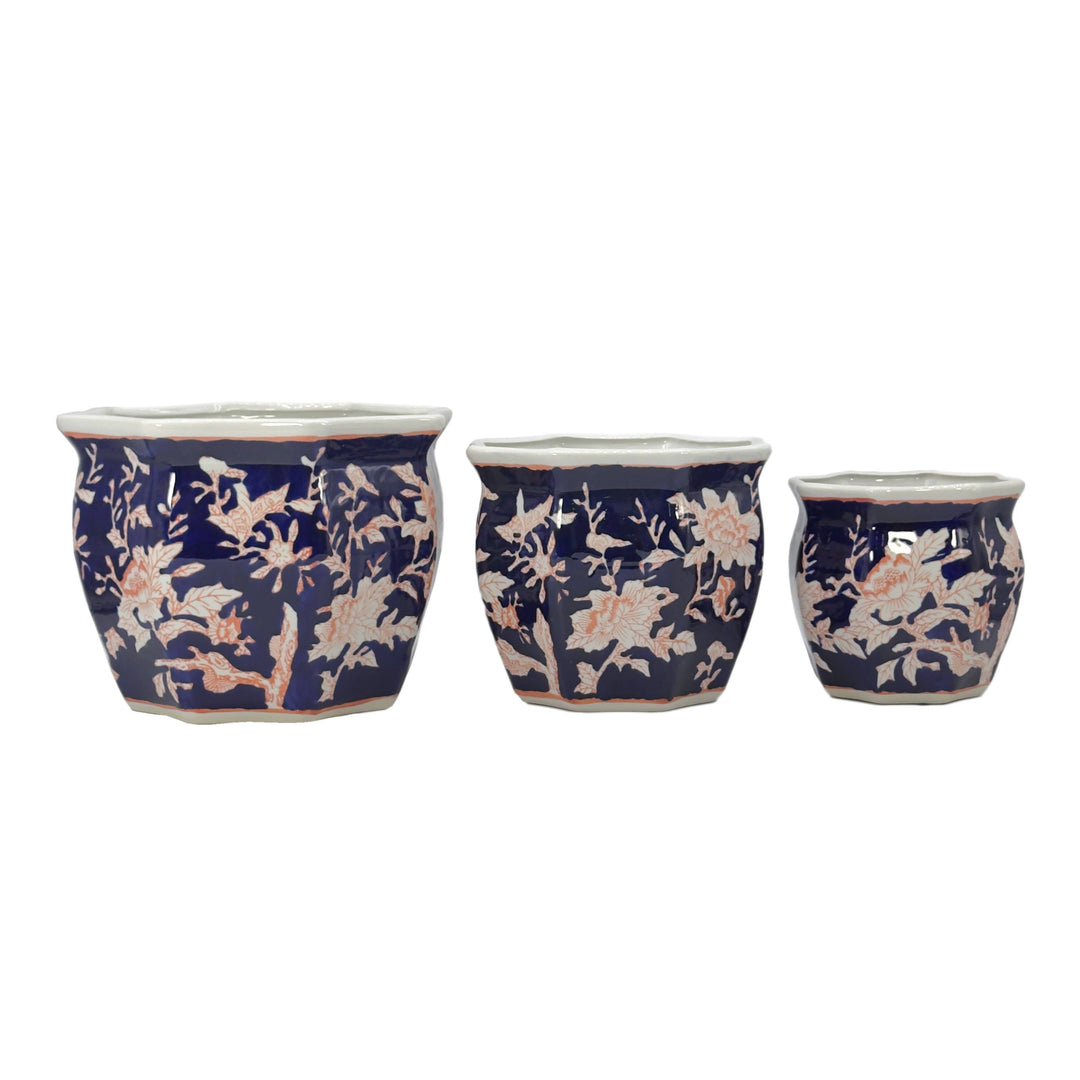 Set of 3 - 7.5"/10"/13" Ceramic Chinoiserie Planter Pot Set