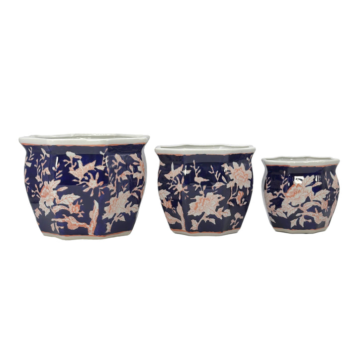 Set of 3 - 7.5"/10"/13" Ceramic Chinoiserie Planter Pot Set