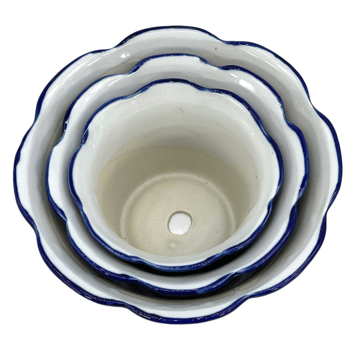 Set of 3 Blue & White Floral Ceramic Pots Ruffled Lip Style2