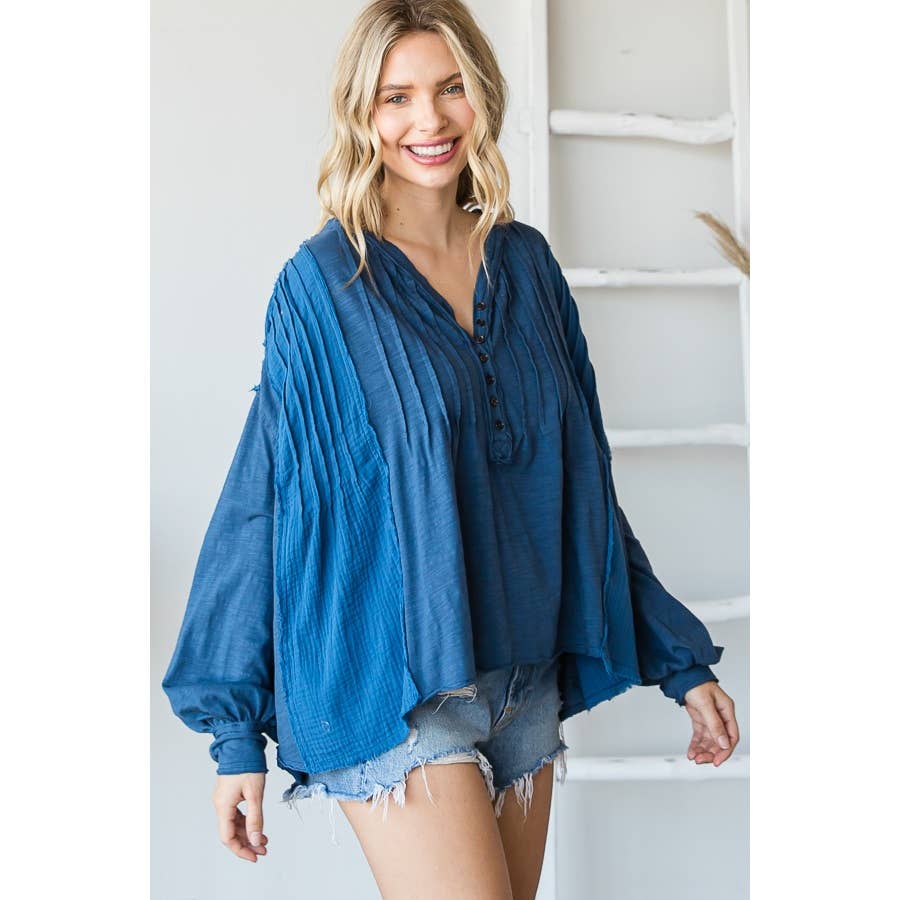 HENLEY V NECK PINTUCKED FRONT LONG SLEEVE BLOUSE