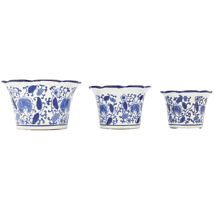 Set of 3 Blue & White Floral Ceramic Pots Ruffled Lip Style2