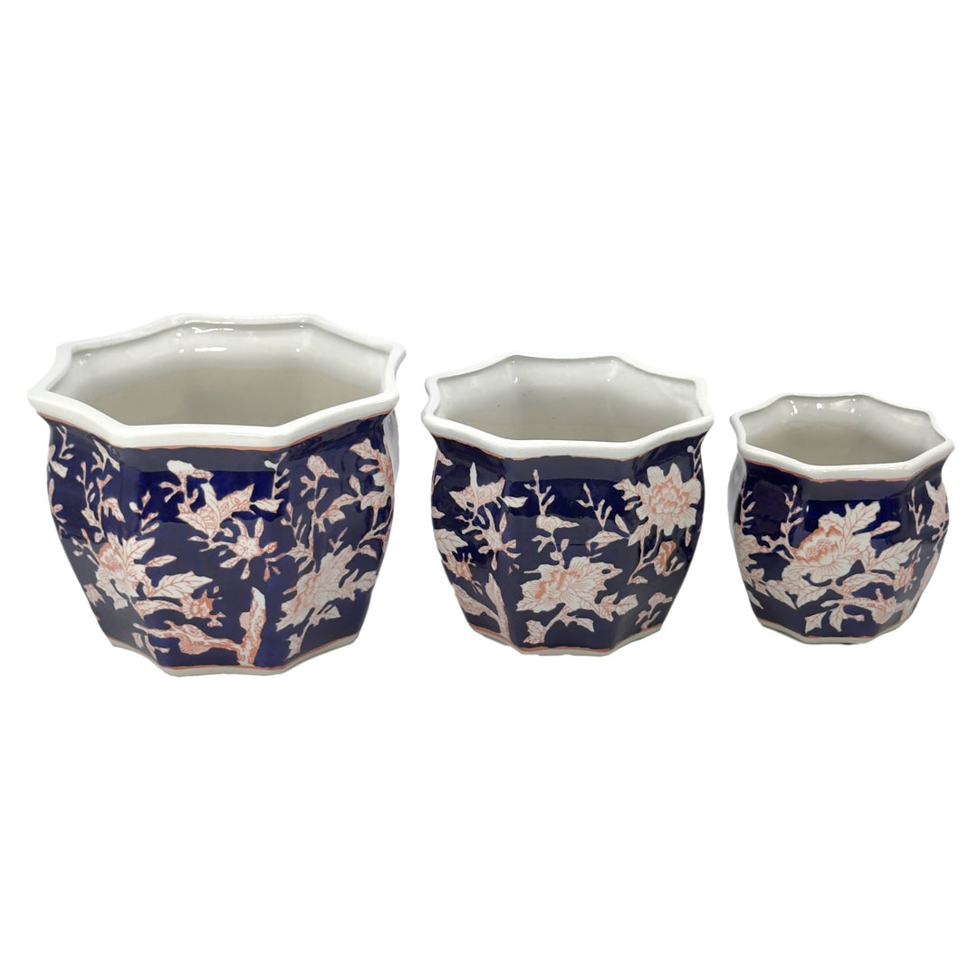 Set of 3 - 7.5"/10"/13" Ceramic Chinoiserie Planter Pot Set