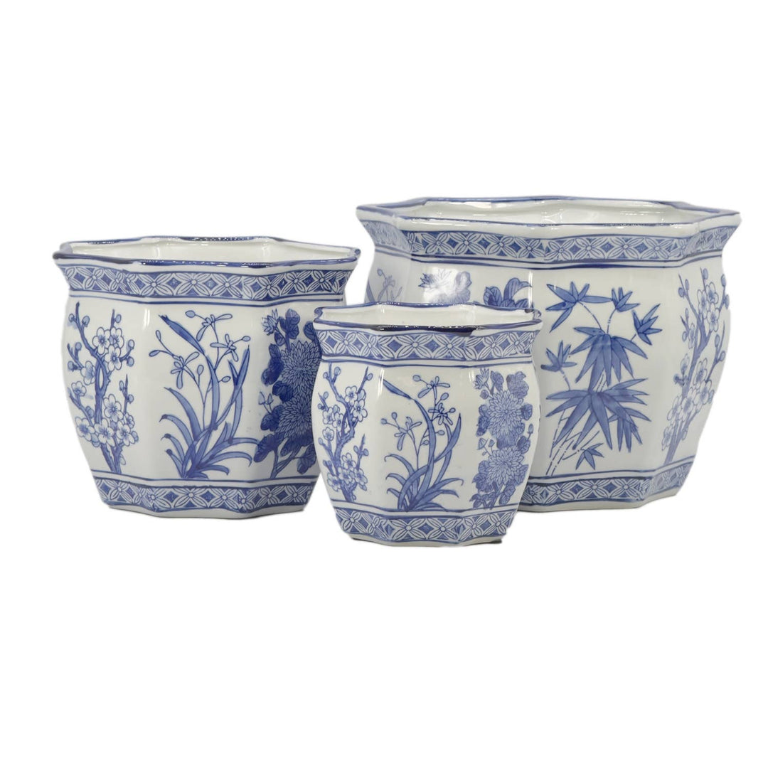 Set of 3 - 7.5"/10"/13" Ceramic Chinoiserie Planter Pot Set