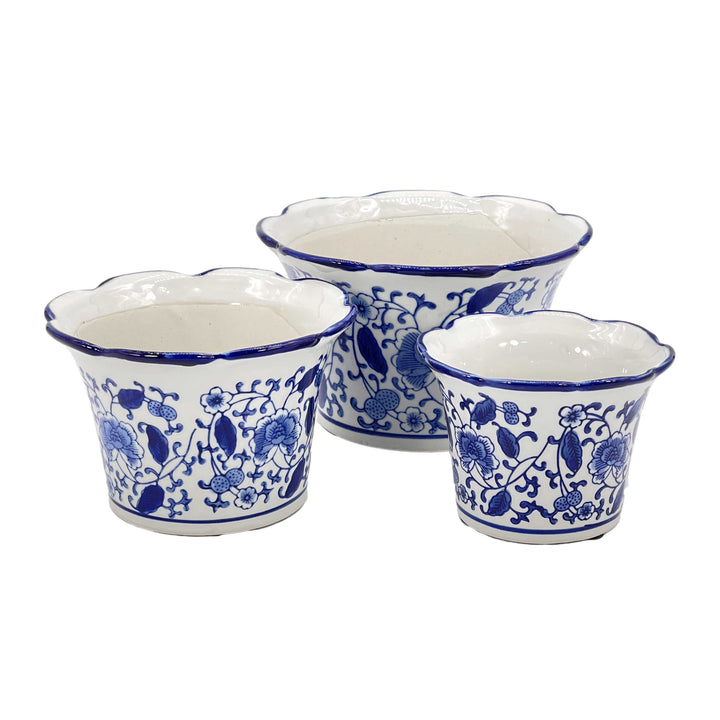 Set of 3 Blue & White Floral Ceramic Pots Ruffled Lip Style2