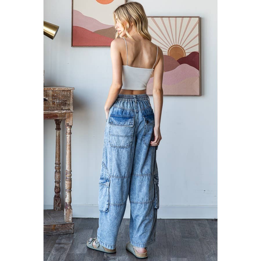 WASHED 3D POCKETS WIDE LEG CARGO DENIM PANTS