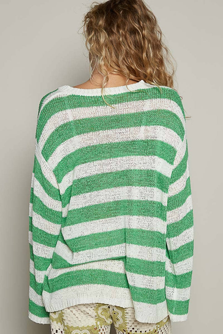 Round neck full sleeve thin sweater striped top