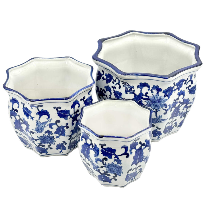Set of 3 - 7.5"/10"/13" Ceramic Chinoiserie Planter Pot Set