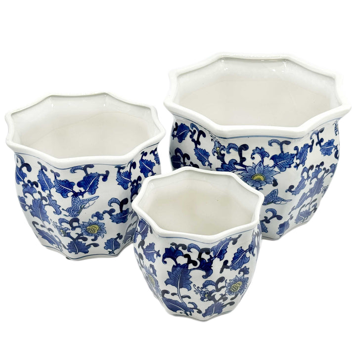 Set of 3 - 7.5"/10"/13" Ceramic Chinoiserie Planter Pot Set