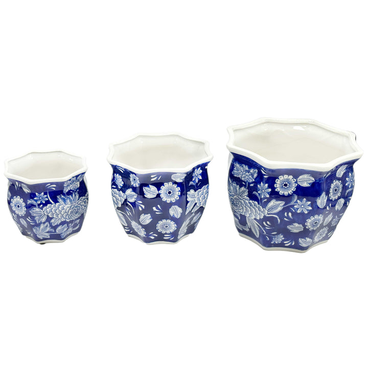 Set of 3 - 7.5"/10"/13" Ceramic Chinoiserie Planter Pot Set