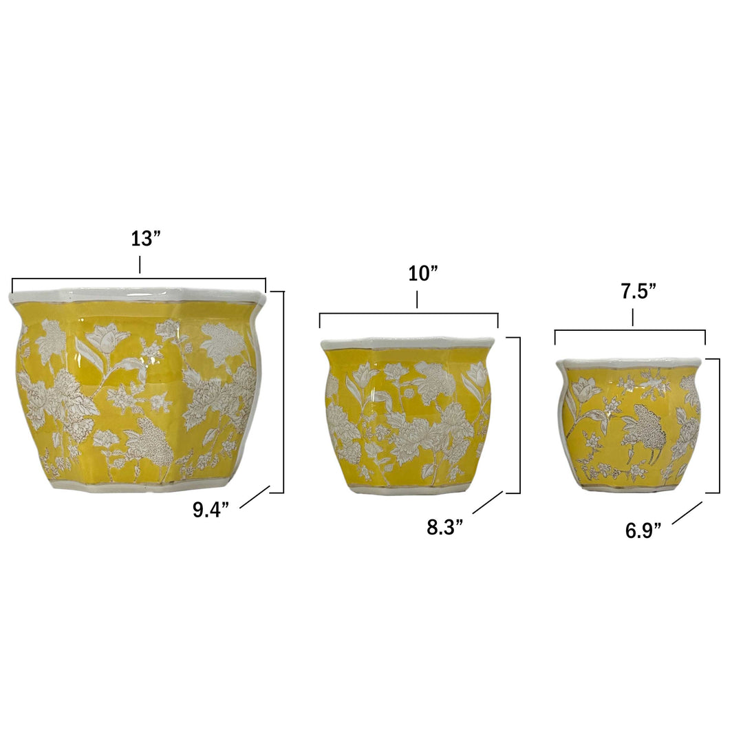 Set of 3 - 7.5"/10"/13" Ceramic Chinoiserie Planter Pot Set