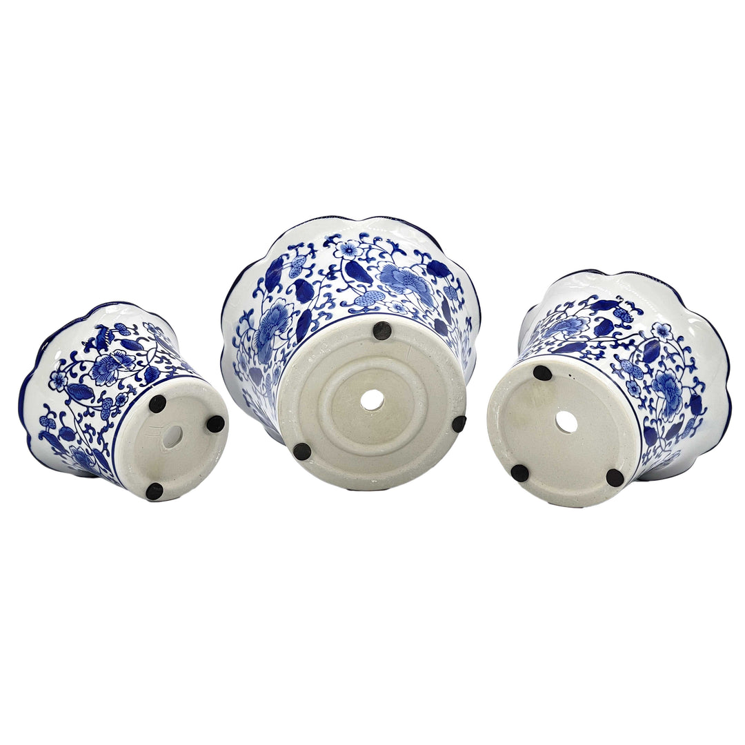 Set of 3 Blue & White Floral Ceramic Pots Ruffled Lip Style2