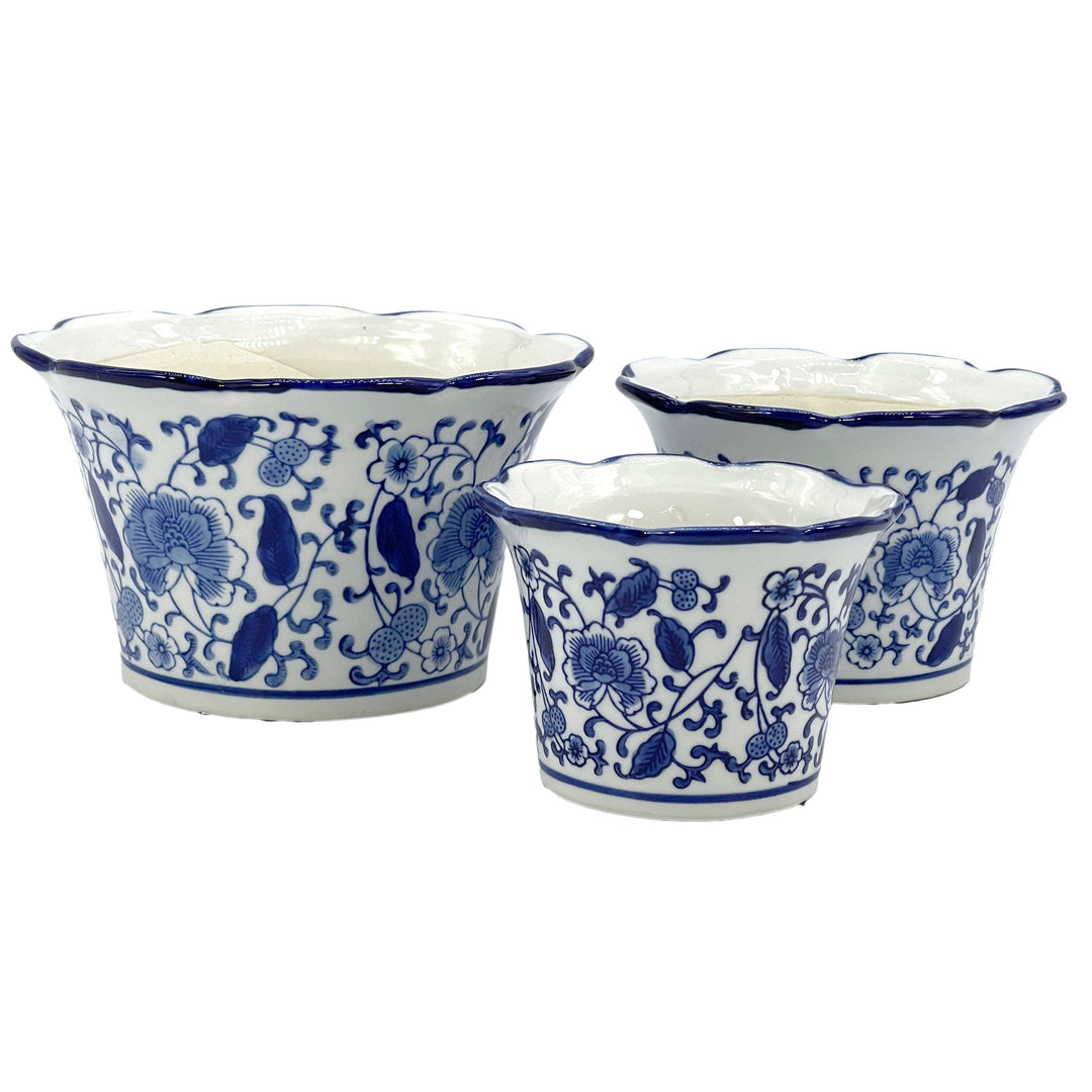 Set of 3 Blue & White Floral Ceramic Pots Ruffled Lip Style2