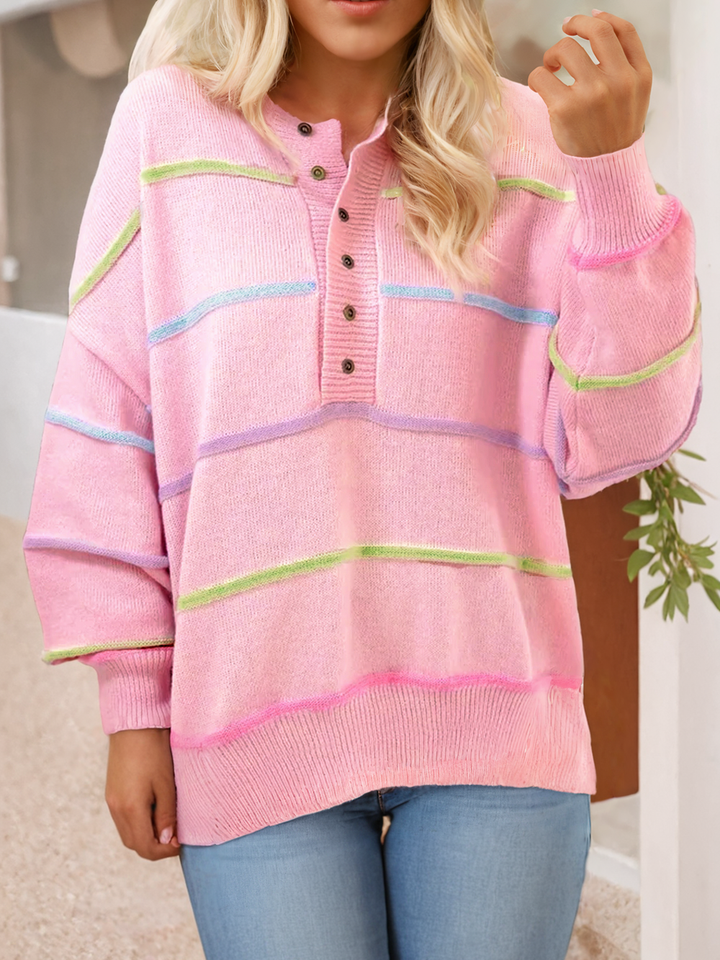 Stripe Color Block Half Buttoned Drop Shoulder Sweater