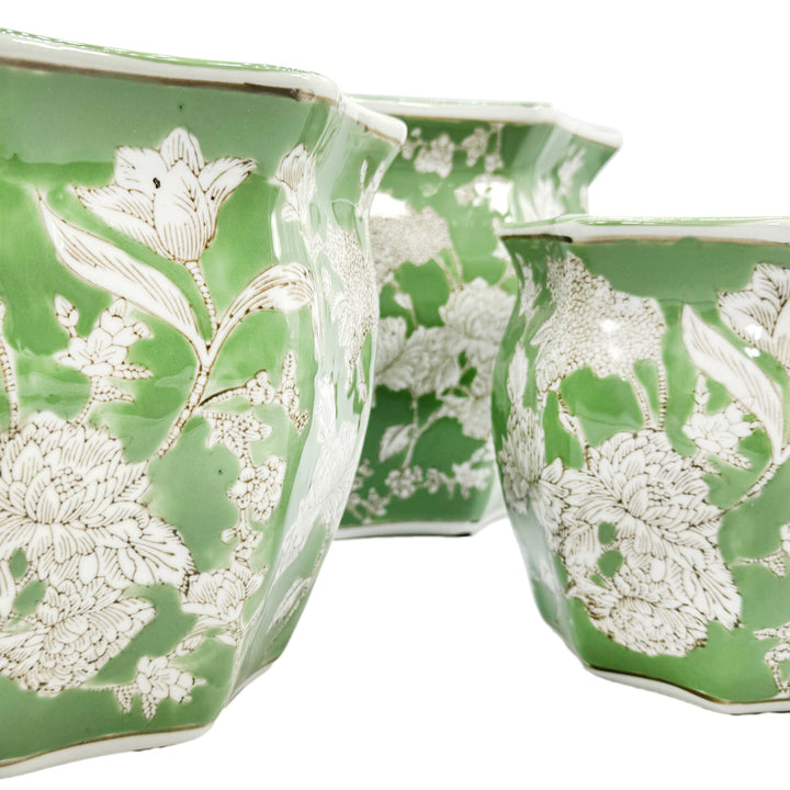 Set of 3 - 7.5"/10"/13" Ceramic Chinoiserie Planter Pot Set
