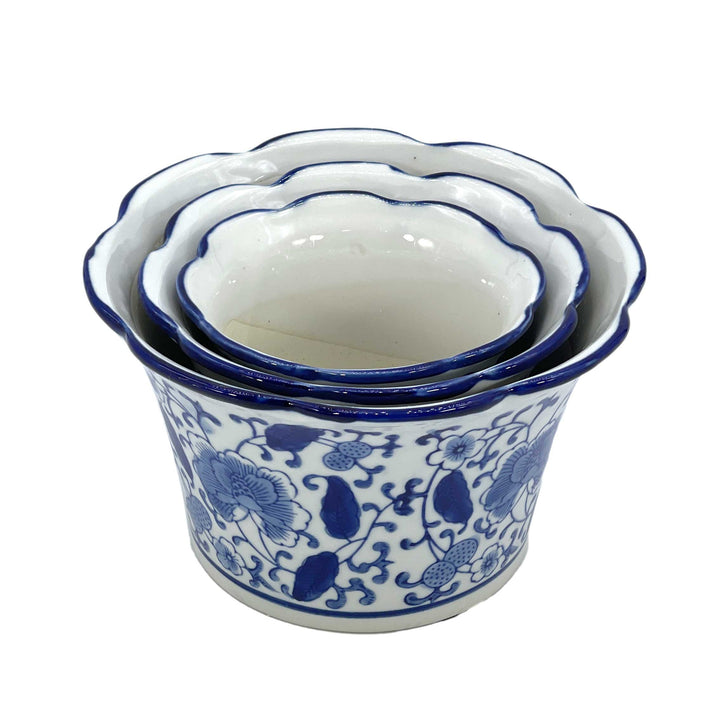 Set of 3 Blue & White Floral Ceramic Pots Ruffled Lip Style2