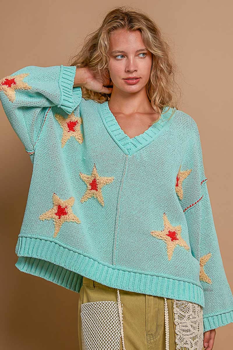 V neck long sleeve star patch sweater