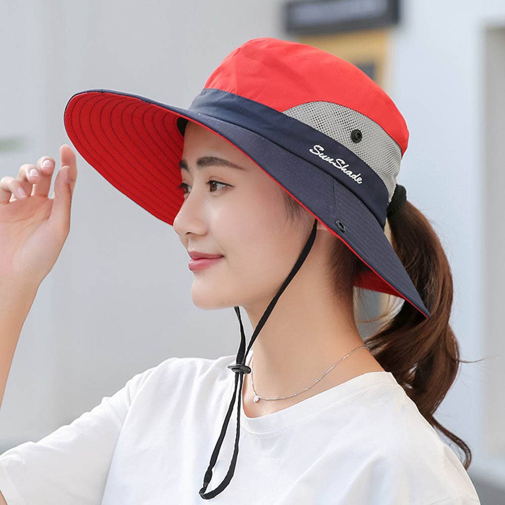 UV Protection Hat Foldable Wide Brim Ponytail Sun Hat