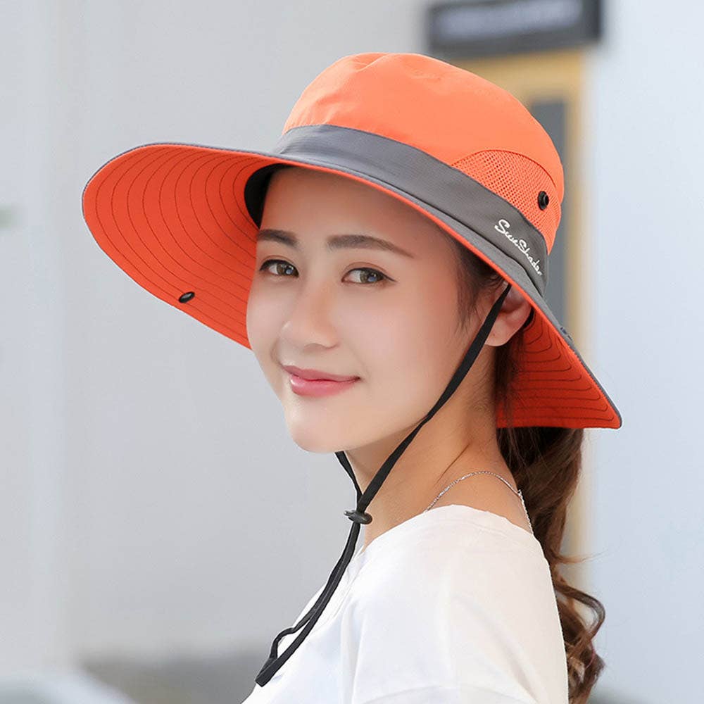 UV Protection Hat Foldable Wide Brim Ponytail Sun Hat