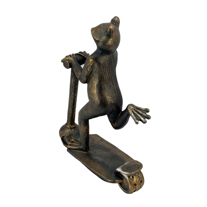 16" Scooter Frog Copper-Look Resin Garden Statue