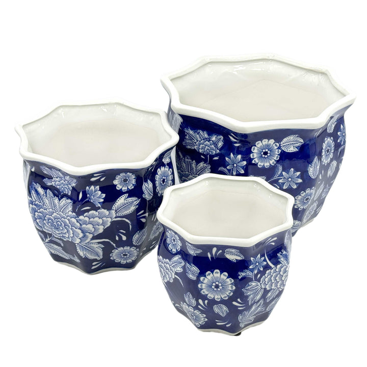 Set of 3 - 7.5"/10"/13" Ceramic Chinoiserie Planter Pot Set