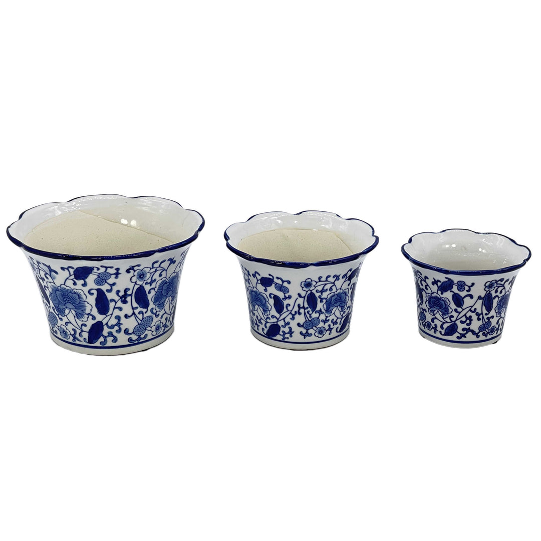 Set of 3 Blue & White Floral Ceramic Pots Ruffled Lip Style2