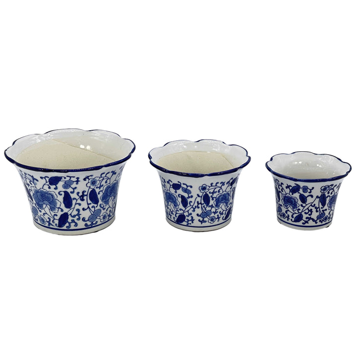 Set of 3 Blue & White Floral Ceramic Pots Ruffled Lip Style2