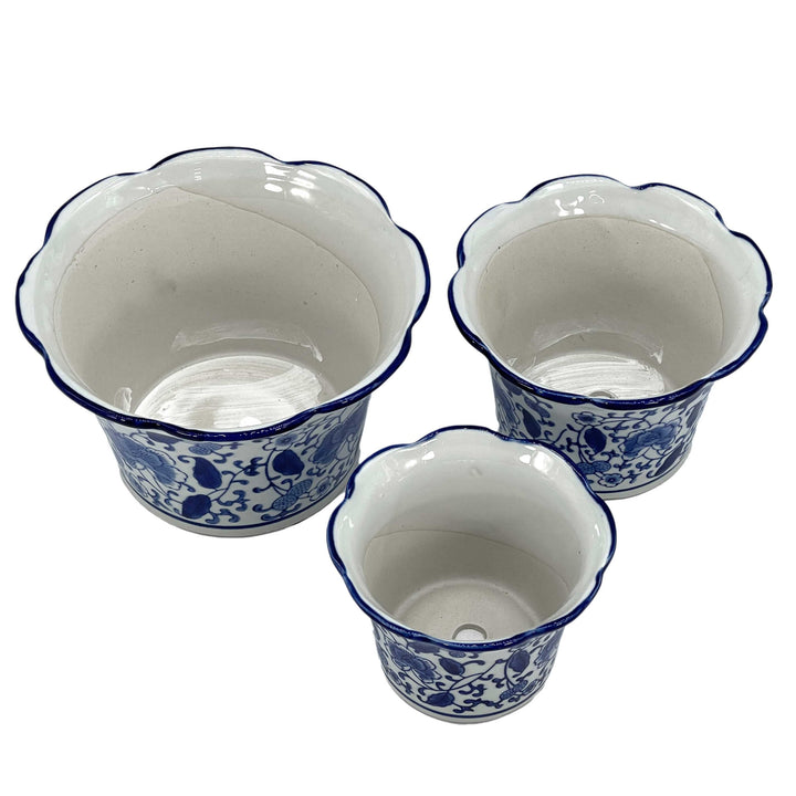 Set of 3 Blue & White Floral Ceramic Pots Ruffled Lip Style2