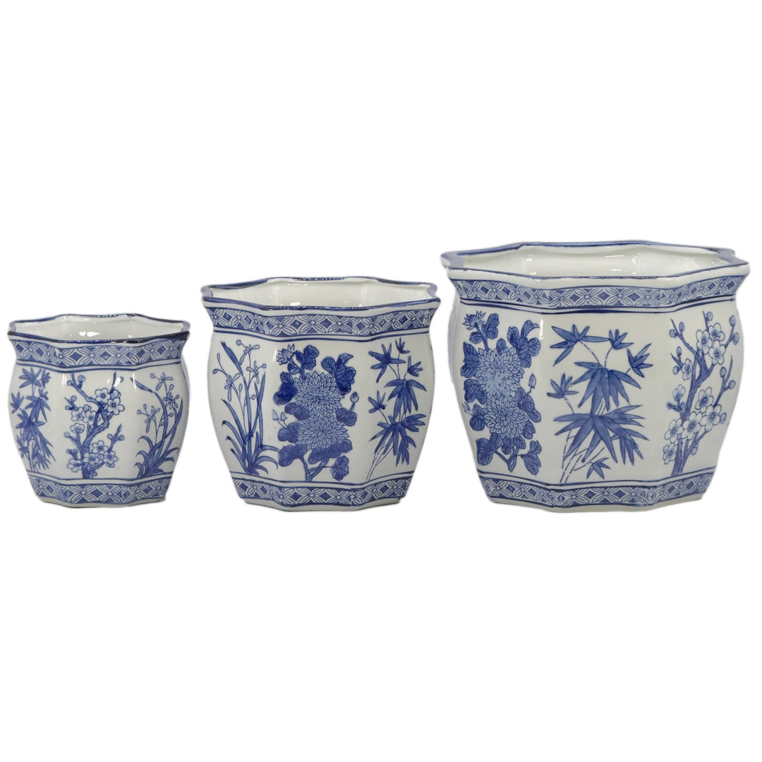 Set of 3 - 7.5"/10"/13" Ceramic Chinoiserie Planter Pot Set