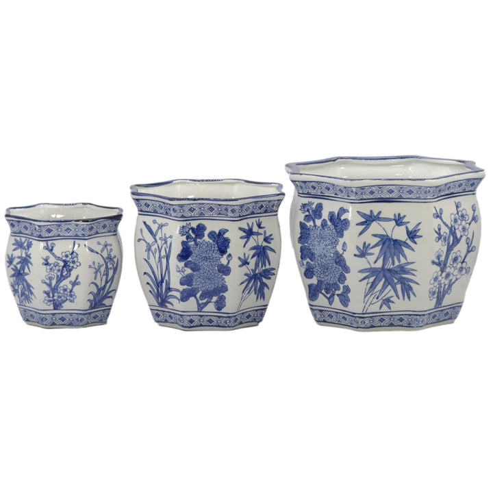 Set of 3 - 7.5"/10"/13" Ceramic Chinoiserie Planter Pot Set